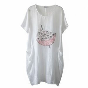 Cote a Cote Plus Size White Linen Dress with Floral Umbrella Design